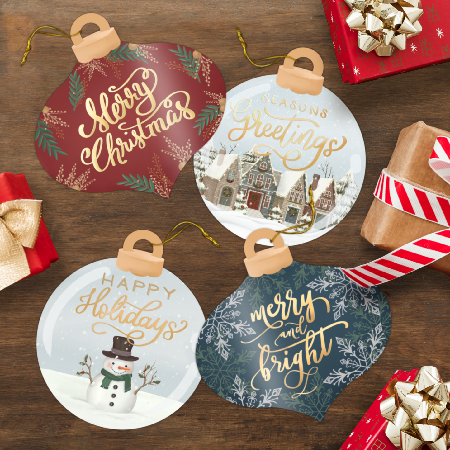 Unique Ornament Shaped Christmas Greeting Card Set - 24 Pack With Envelopes