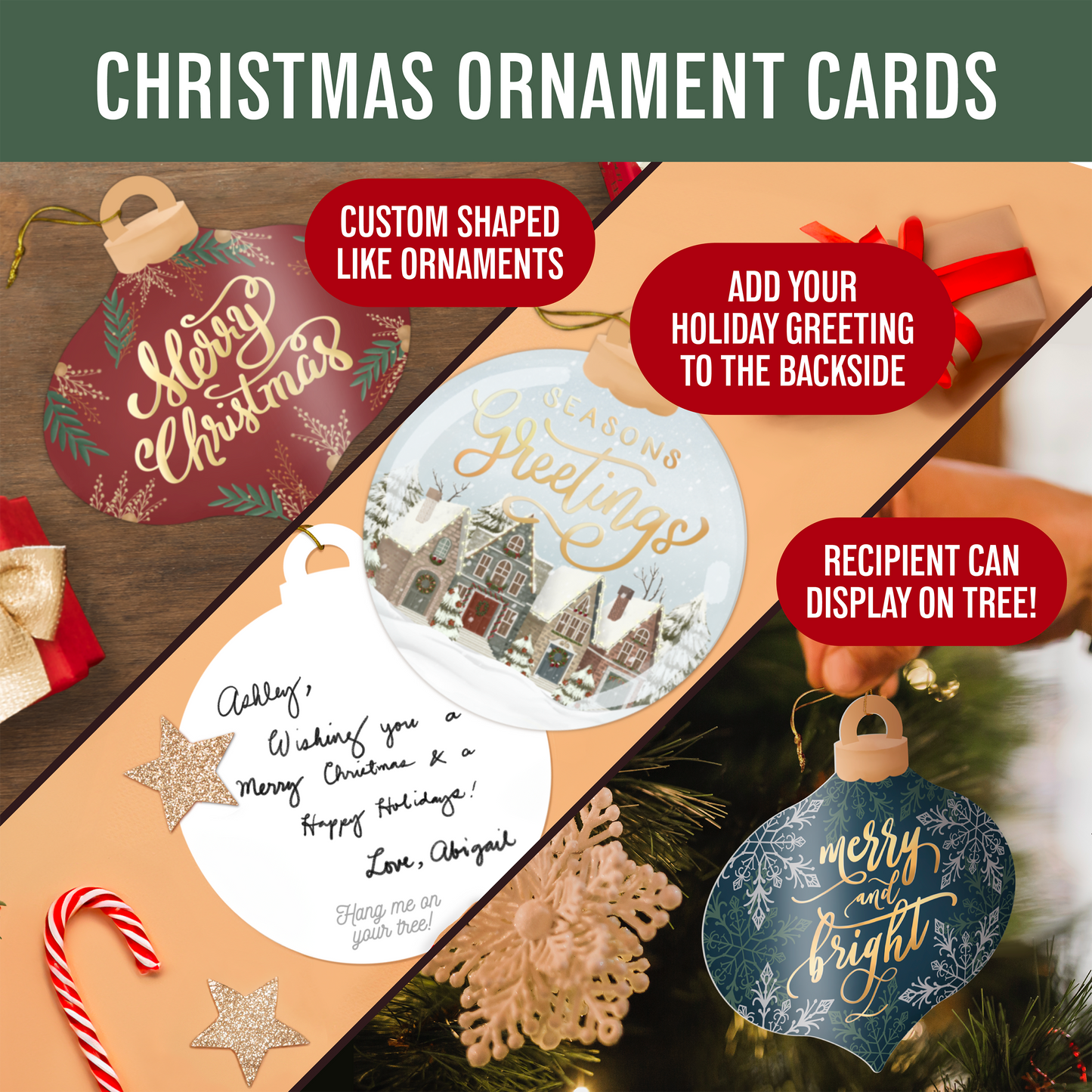 Unique Ornament Shaped Christmas Greeting Card Set - 24 Pack With Envelopes