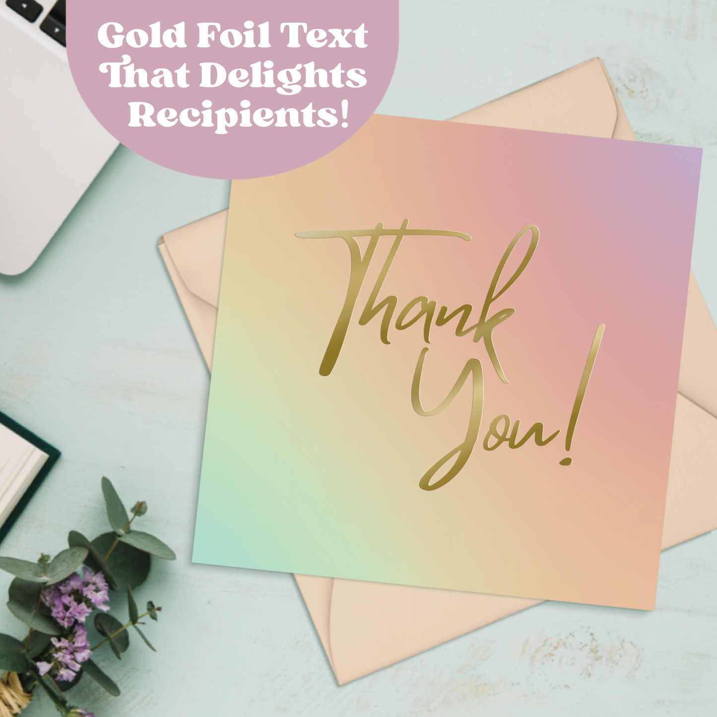 Colorful Square Thank You Cards With Gold Foil Text